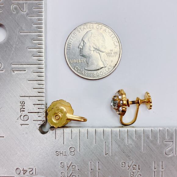 Vintage Coro Signed 1940s Rhinestone Screw Back Earrings Mid Century Gold Tone - Picture 11 of 14